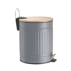 Lixeira Fluted Cinza Para Banheiro 3l Em Aço Inox E Bambu Mek 17×24,5cm Mek
