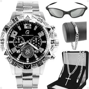 Relogio Aço Inox Masculino Pulseira Oculos Sol Cordão