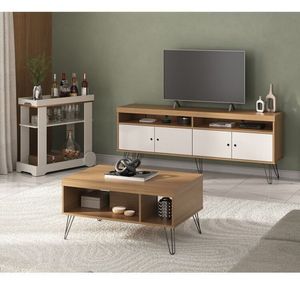 Kit Para Sala De Estar Rack E Mesa De Centro E Carrinho Bar Liberty Carvalho-off White