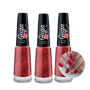 Kit 3 Esmalte Para Unhas Glitter Cor Vermelho Ardente Brilho 610 8ml Guga