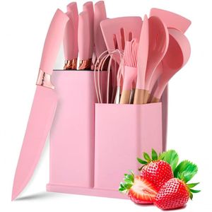 Utensilios Para Cozinha Silicone Kit Com 19 Peças Cabo Madeira Conjunto Completo - Rosa