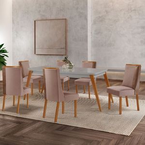 Mesa De Jantar Copper Madeira Vidro Com 6 Cadeiras Diane Moderna Linho Capuccino/Tork/Off White/Nat