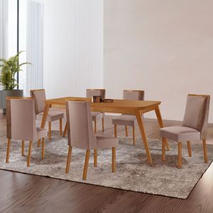 Mesa De Jantar Copper Madeira Com 6 Cadeiras Diane Moderna Linho Capuccino/Tork/Naturale