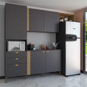 Cozinha Compacta Bartira Pérola 5 Portas 251cm Grafite Lâmina Mel