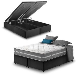 Cama Box Com Baú Queen Preto + Colchão Molas Ensacadas Miami Cinza Com Preto