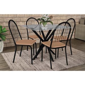 Sala De Jantar Completa Volga Com Tampo De Vidro 90cm E 4 Cadeiras Noruega Preto - Capuccino - Kappesberg