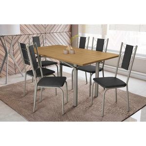 Sala De Jantar Completa Elba Com Tampo De Madeira 160cm E 6 Cadeiras Lisboa Niquel/nogueira - Courano Preto - Kappesberg