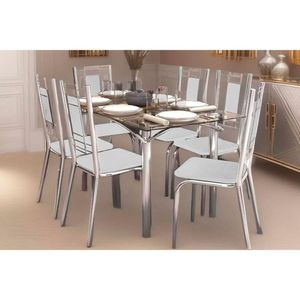 Sala De Jantar Completa Elba Com Tampo De Vidro 80x150cm E 6 Cadeiras Florença Cromada - Courano Branco - Kappesberg