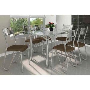 Sala De Jantar Completa Elba Com Tampo De Vidro 140cm E 6 Cadeiras Nápoles Cromada - Courano Marrom - Kappesberg