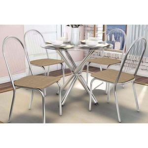 Sala De Jantar Completa Volga Com Tampo De Vidro 95cm E 4 Cadeiras Noruega Cromada - Courano Capuccino - Kappesberg