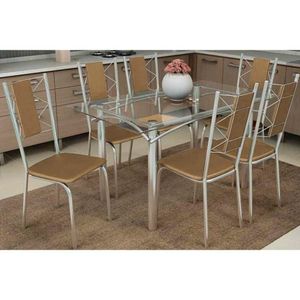 Sala De Jantar Completa Elba Com Tampo De Vidro 140cm E 6 Cadeiras Lisboa Cromada - Courano Capuccino - Kappesberg