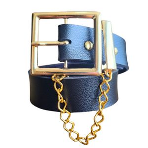 Cinto Feminino Da Moda Fivela Quadrada Dourada Com Corrente Preto