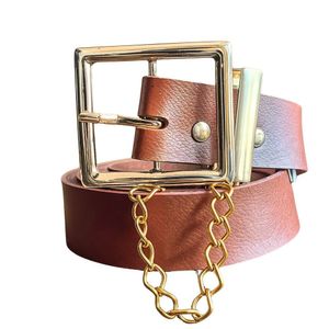 Cinto Feminino Da Moda Fivela Quadrada Dourada Com Corrente Caramelo