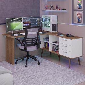 Mesa Para Computador Gamer Em L 3 Gavetas Branco/rustic Lisboa Madesa