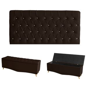 Kit Estrela Cabeceira De Cama Painel E Calçadeira Baú Botão Cristal Casal 140 Cm Suede Marrom Eli Móveis E Decoração