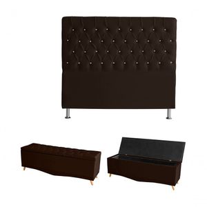 Kit Estrela Cabeceira De Cama Box E Calçadeira Baú Pés Palito Botão Cristal King 195 Cm Suede Marrom Eli Móveis