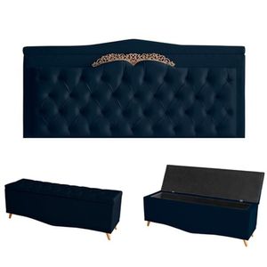 Kit Helena Cabeceira De Cama Painel E Calçadeira Baú Casal 140 Cm Suede Azul Marinho Eli Móveis E Decoração