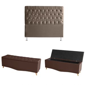 Kit Estrela Cabeceira De Cama Box E Calçadeira Baú Pés Palito Botão Cristal Casal 140 Cm Suede Rosê Eli Móveis