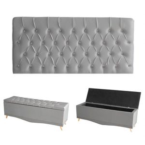 Kit Estrela Cabeceira De Cama Painel E Calçadeira Baú Botão Cristal Queen 160 Cm Suede Prata Eli Móveis E Decoração