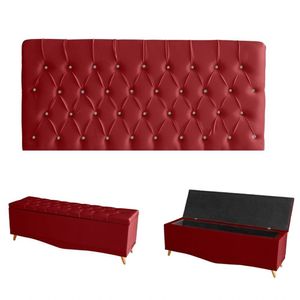 Kit Estrela Cabeceira De Cama Painel E Calçadeira Baú Botão Cristal Casal 140 Cm Suede Vermelho Eli Móveis E Decoração