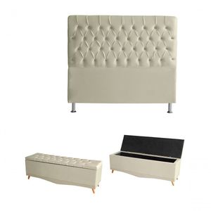 Kit Estrela Cabeceira De Cama Box E Calçadeira Baú Pés Palito Botão Cristal Casal 140 Cm Suede Porcelana Eli Móveis