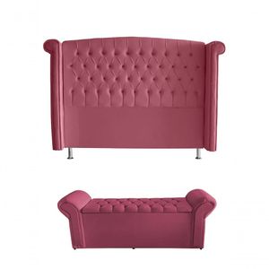 Kit Realeza Cabeceira De Cama Box E Calçadeira Baú Queen 160 Cm Suede Rosa Claro Eli Móveis