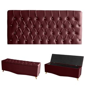 Kit Estrela Cabeceira De Cama Painel E Calçadeira Baú Botão Cristal King 195 Cm Suede Bordo Eli Móveis E Decoração