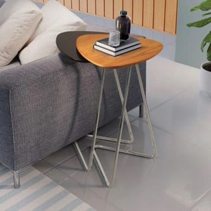 Conjunto 2 Mesa De Apoio Para Sofá Folha Castanho E Preto Base Em Metal Cromado