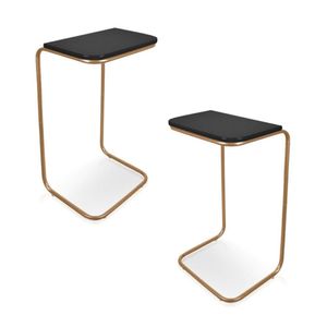 Conjunto 2 Mesas De Apoio Para Sofá Preto Base Em Metal Dourado