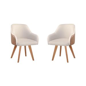 Conjunto Poltronas Decorativa Hera Linho Nude Couro Caramelo Com Pés Em Madeira