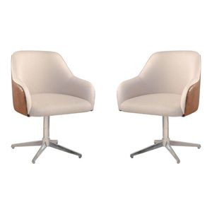 Conjunto Poltronas Decorativa Hera Linho Nude Couro Caramelo Com Base Giratória Em Alumínio