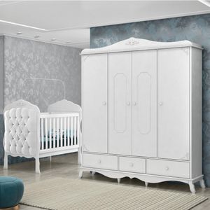 Quarto Infantil Realeza Branco Berço Com Capitonê E Guarda Roupa 4 Portas Canaã