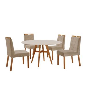 Conjunto Sala De Jantar Mesa Atenas 110cm Off White Com 4 Cadeiras Bela Veludo Bege