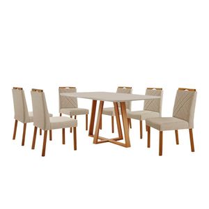 Conjunto Sala De Jantar Mesa Florença 160x90cm Off White Com 6 Cadeiras Dallas Linho Bege