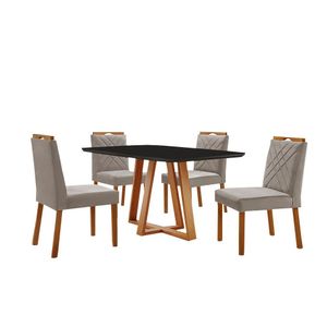 Conjunto Sala De Jantar Mesa Florença 140x80cm Preto Com 4 Cadeiras Dallas Veludo Cinza