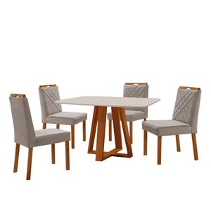 Conjunto Sala De Jantar Mesa Floripa 120x80cm Off White Com 4 Cadeiras Dallas Veludo Cinza