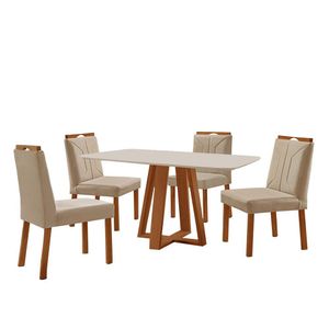 Conjunto Sala De Jantar Mesa Floripa 140x80cm Off White Com 4 Cadeiras Luna Veludo Bege