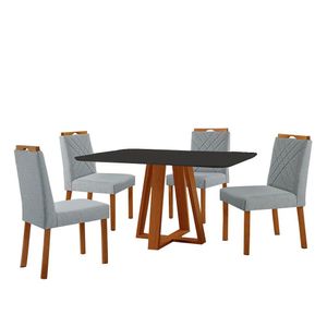 Conjunto Sala De Jantar Mesa Floripa 140x80cm Preto Com 4 Cadeiras Dallas Linho Cinza