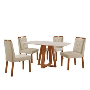 Conjunto Sala De Jantar Mesa Floripa 140x80cm Off White Com 4 Cadeiras Luna Linho Bege