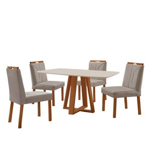 Conjunto Sala De Jantar Mesa Floripa 140x80cm Off White Com 4 Cadeiras Luna Veludo Cinza