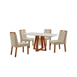 Conjunto Sala De Jantar Mesa Floripa 120x80cm Off White Com 4 Cadeiras Pérola Linho Bege
