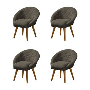 Kit 4 Poltronas Decorativa Canastra Estofada Linho Marrom Café Pés Palito Em Madeira Maciça