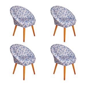 Kit 4 Poltronas Decorativa Canastra Estofada Veludo Floral Azul Pés Em Madeira Maciça