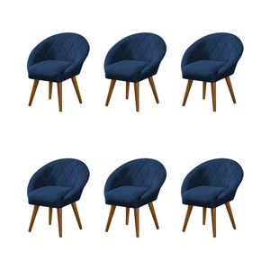 Kit 6 Poltronas Decorativa Canastra Estofada Veludo Azul Marinho Pés Palito Em Madeira Maciça