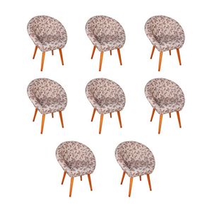 Kit 8 Poltronas Decorativa Canastra Estofada Veludo Floral Marrom Pés Palito Em Madeira Maciça