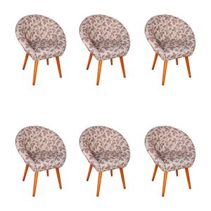 Kit 6 Poltronas Decorativa Canastra Estofada Veludo Floral Marrom Pés Palito Em Madeira Maciça