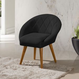 Poltrona Decorativa Canastra Estofada Linho Preto Pés Palito Em Madeira Maciça