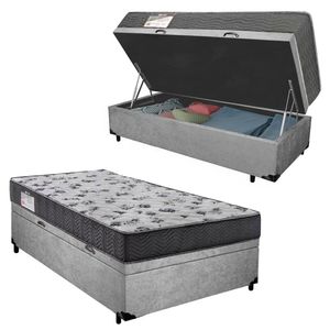 Cama Box Baú Solteiro Suede + Colchão De Molas Ensacadas Sereneprime 88x188x62cm Cinza