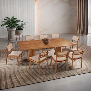 Mesa De Jantar Noronha 220cm Madeira Tampo Barril 8 Cadeiras Eva Milano / Imbuia Nat.
