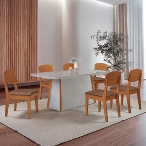 Mesa Diane 180cm Tampo Mdf Vidro Canto Copo Com 6 Cadeiras Tork /off /naturale /serig Off